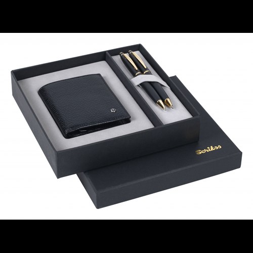  DR238 Hediyelik Set Tükenmez Kalem - Mekanik Kurşun Kalem 35 Noble Mat Siyah Altın & Comfort Cüzdan Siyah