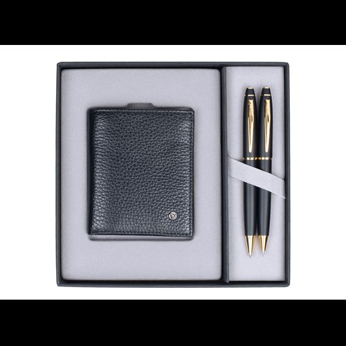  DR238 Hediyelik Set Tükenmez Kalem - Mekanik Kurşun Kalem 35 Noble Mat Siyah Altın & Comfort Cüzdan Siyah