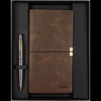 SD700-C2-A Toledo Premium Defter C7 Kahverengi & Knight 88 Gold Krom Tükenmez Kalem Seti