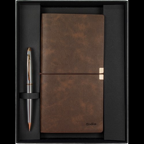 SD700-C2-A Toledo Premium Defter C7 Kahverengi & Knight 88 Gold Krom Tükenmez Kalem Seti