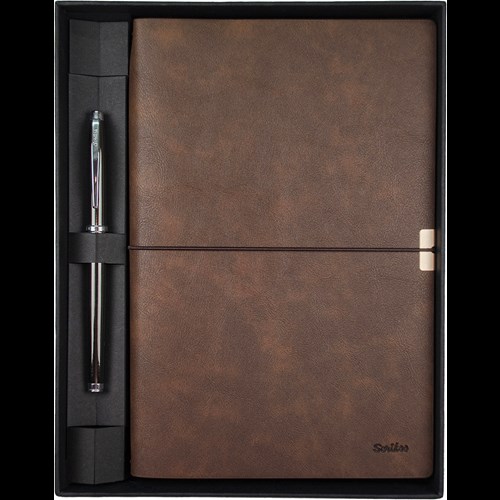 SD700-2-B Toledo Premium Defter A5 Kahverengi & Metropolis 800 Titanyum Roller Kalem Seti