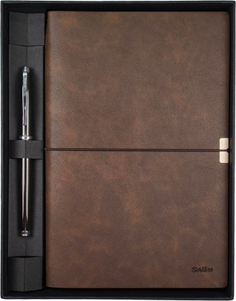 SD700-2-B Toledo Premium Defter A5 Kahverengi & Metropolis 800 Titanyum Roller Kalem Seti