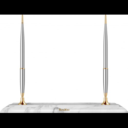  İkili Masa Takımı Beyaz Mermerli Dolma Kalem - Tükenmez Kalem Gold Krom
