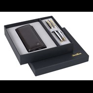 DR206 Hediyelik Set Dolma Kalem - Tükenmez Kalem 35 Noble Krom Altın & Deri İkili Kalem Kılıfı Kahverengi Ürün görseli