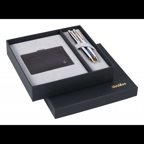 DR213 Hediyelik Set Tükenmaz Kalem - Versatil Noble 35 Gold Krom & Deri Kredi Kartlık Kahve