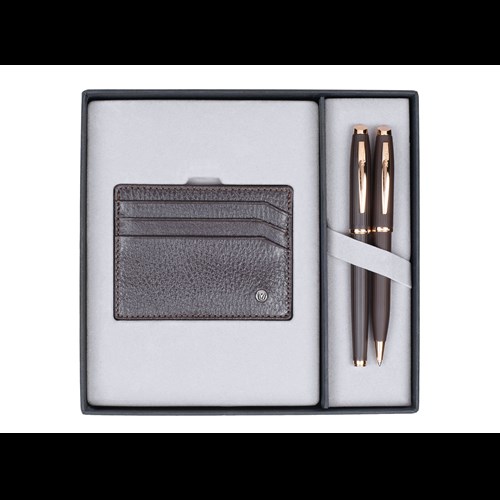  DR245 Hediyelik Set Dolma Kalem - Tükenmez Kalem 39 Oscar Rose Gold & Comfort Deri Kredi Kartlık Kahve